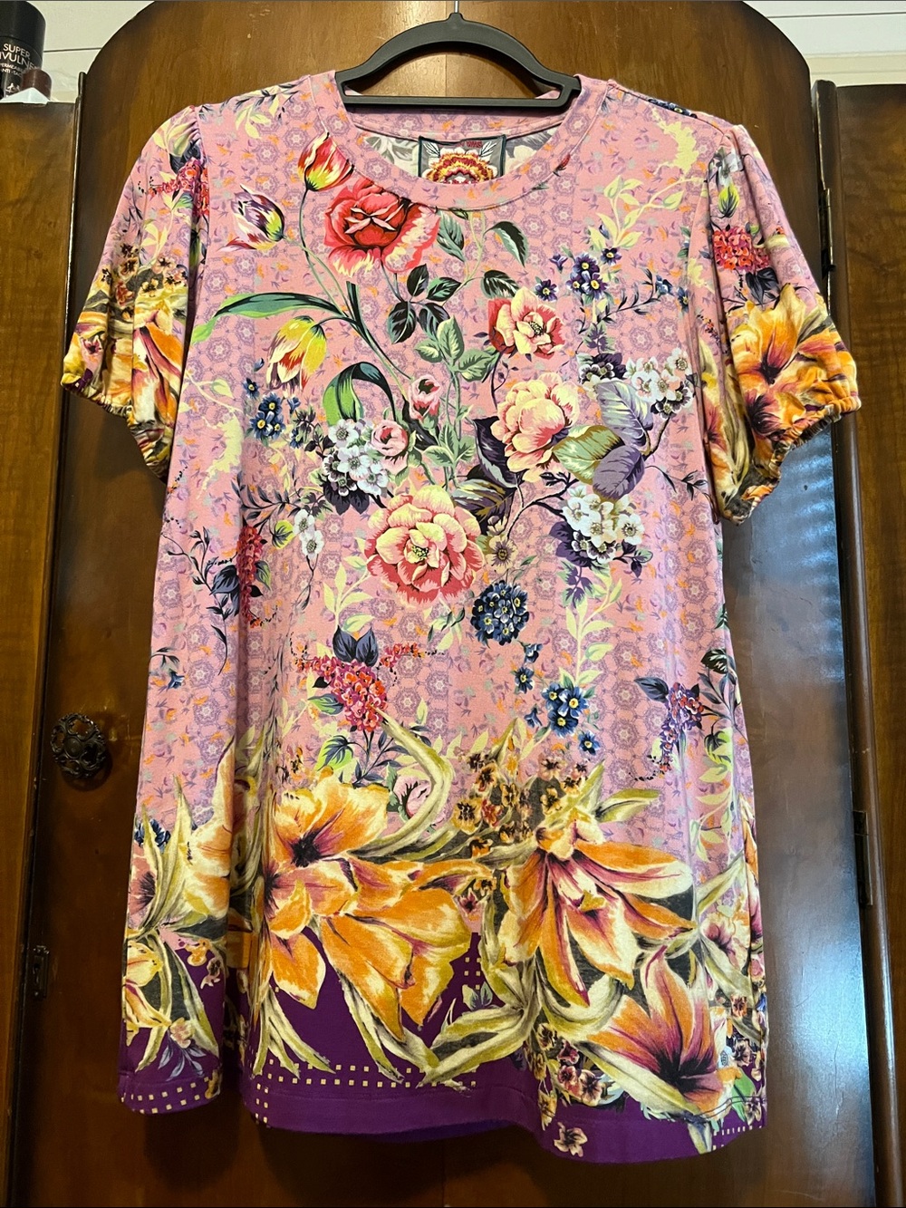 Johnny Was Floral Print Pink Short-Sleeve Shirt Size Small